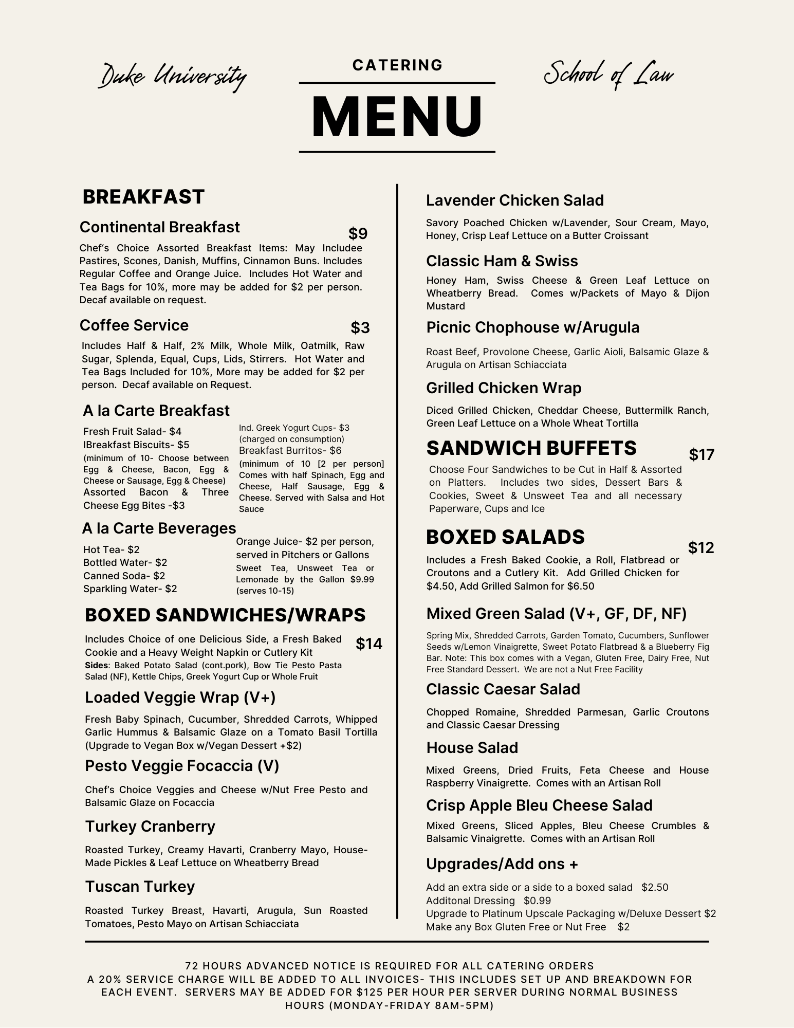 Duke University School of Law Catering Menu