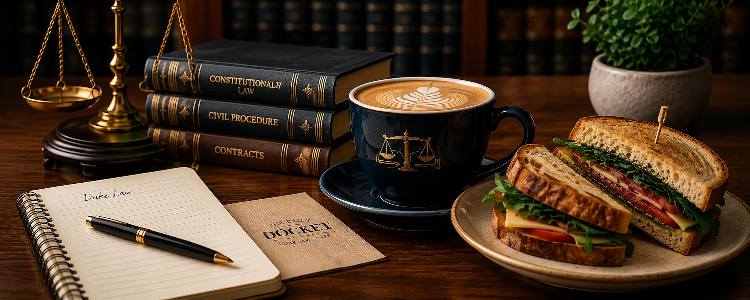 The Daily Docket Café — law books, coffee, and fresh sandwich at Duke Law School